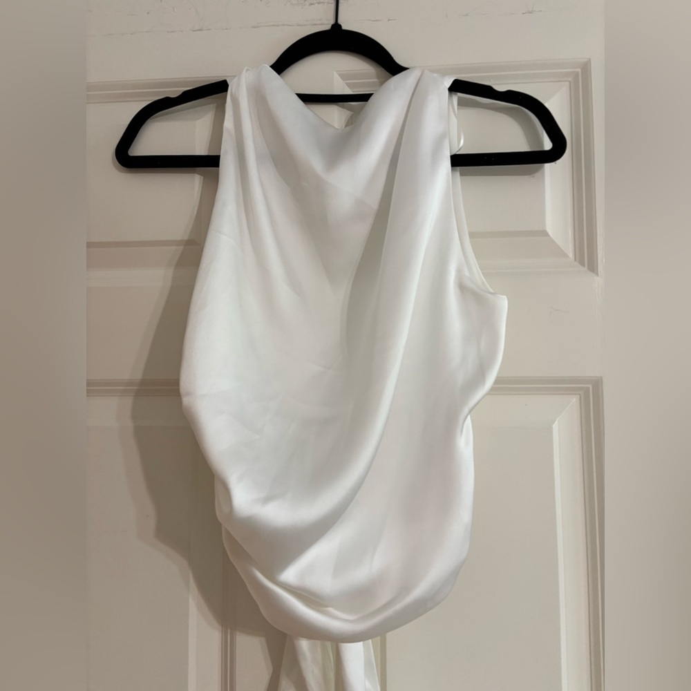 Zara White Satin Drape Cowl Tank with tie in back